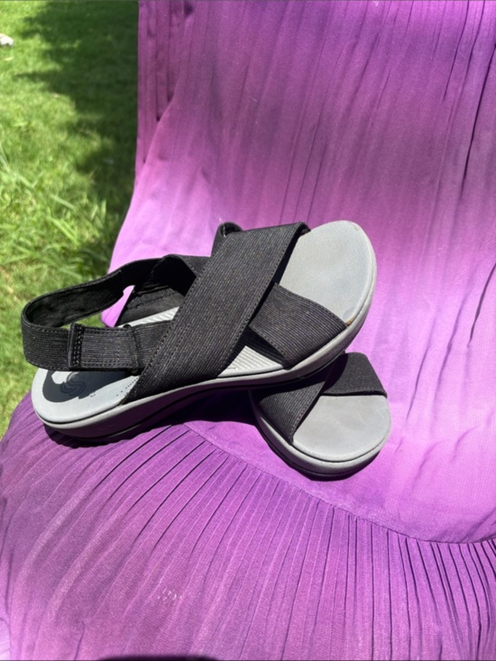 Clarks Black  Crossover Sandals with Gray Footbed